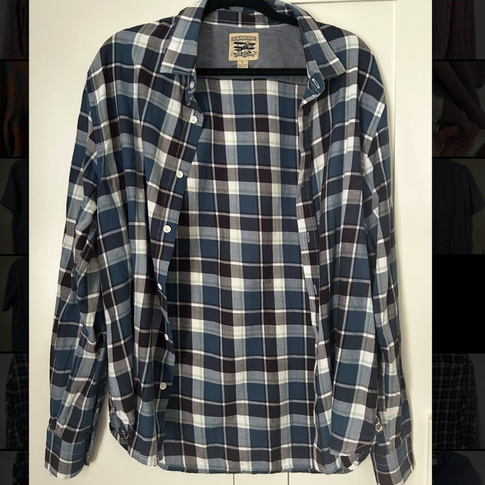 Button-up shirt | Ace Rivington size L | Blue plaid w/ black, grey, white